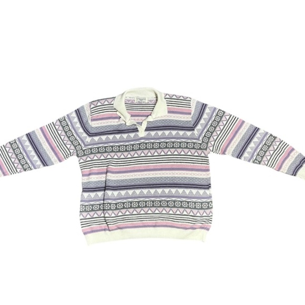 Vintage Pastel Fair Isle Polo Collar Sweater Half Button‎ Pullover